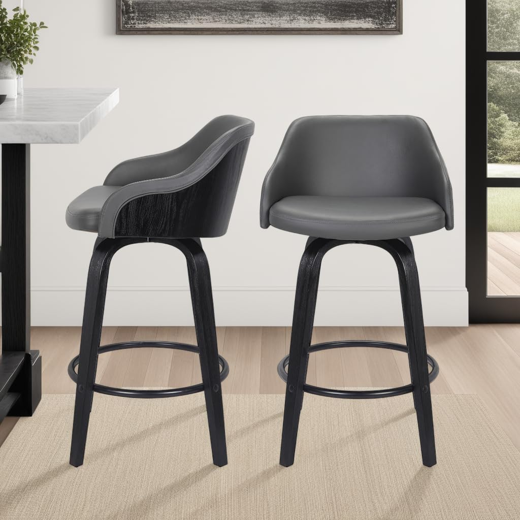 Alec Faux Leather Swivel Barstool, 30" Bar Height, Black and Gray