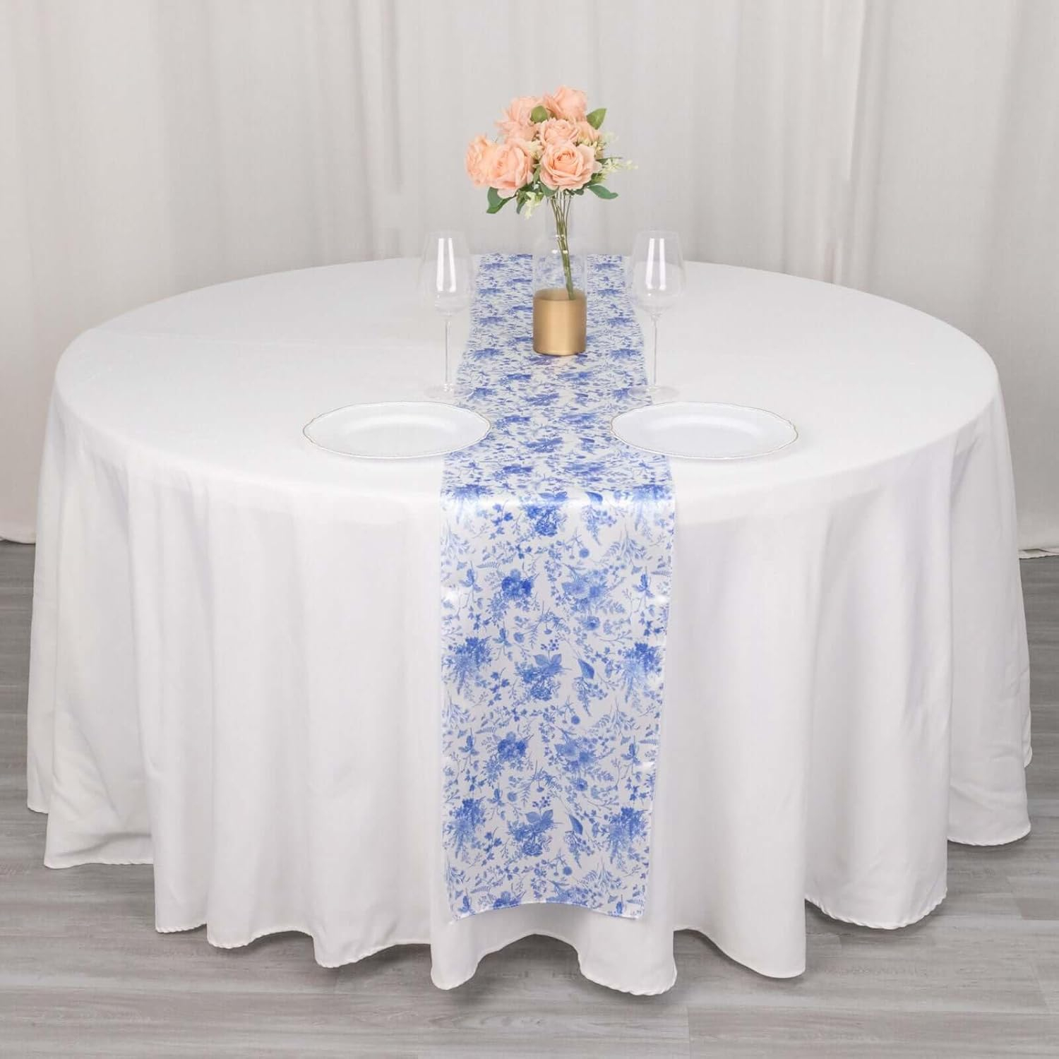 Efavormart 12"x108" White Blue Chinoiserie Floral Print Satin Table Runner