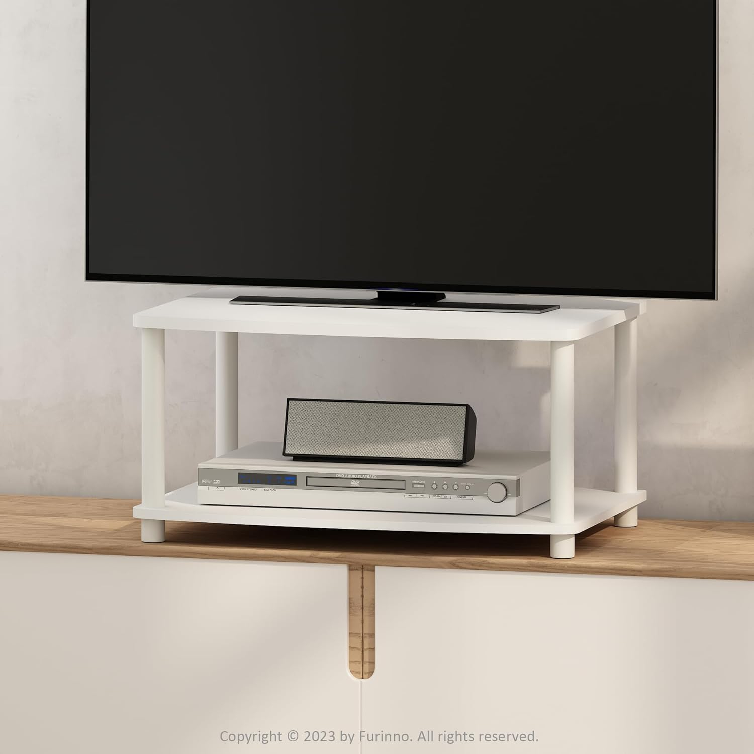 Furinno Turn-N-Tube No Tools 2-Tier Elevated TV Stands, White/White