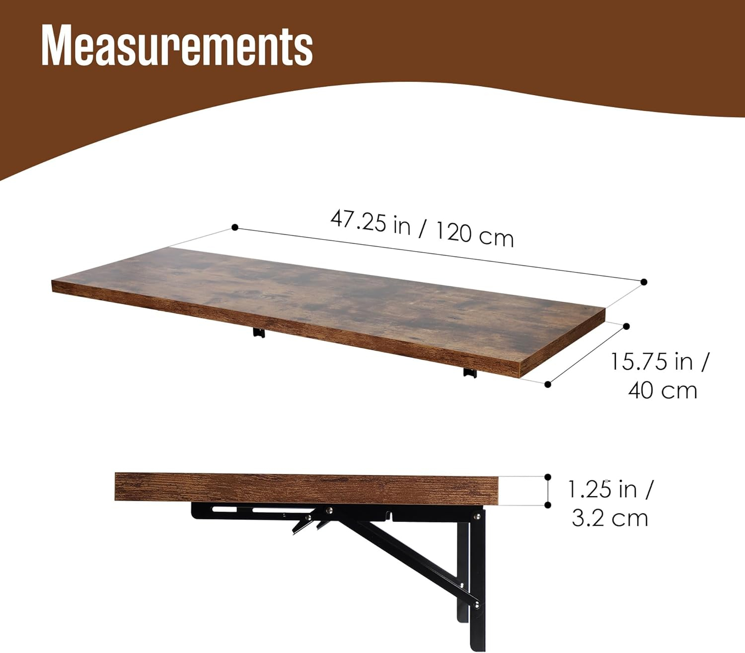 Houseables Wall Mounted Desk, Murphy Desk, Wall Mounted Folding Table, Laundry Folding Table, Fold Down Work Bench, Foldable Mount Station, Floating Bar, Hanging, Dining Room, Kitchen, 48 x 16, Brown