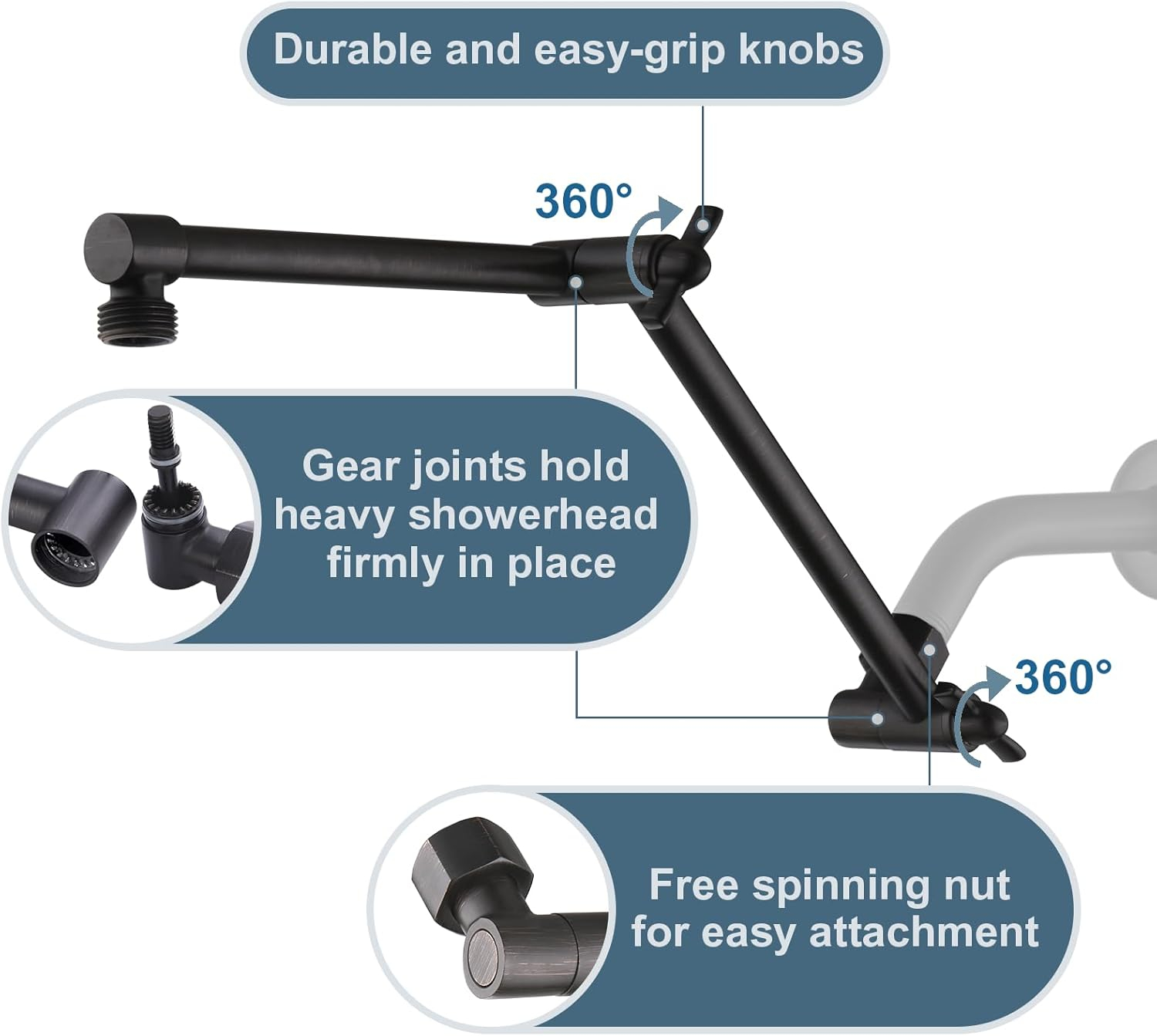 Bright Showers Brass Shower Arm Extender for Rain and Handheld Shower Head, 14 inch Universal Shower Head Extension Arm, Adjustable Height & Angle, Oil-Rubbed Bronze