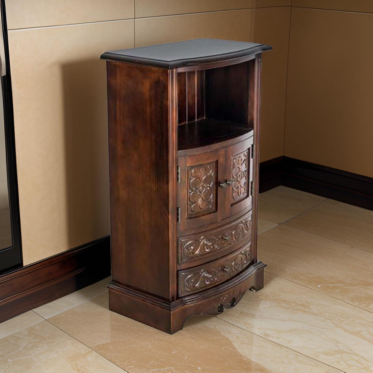 Brown Birchwood Engraved Storage Cabinet with 2 Drawers and 2 Doors