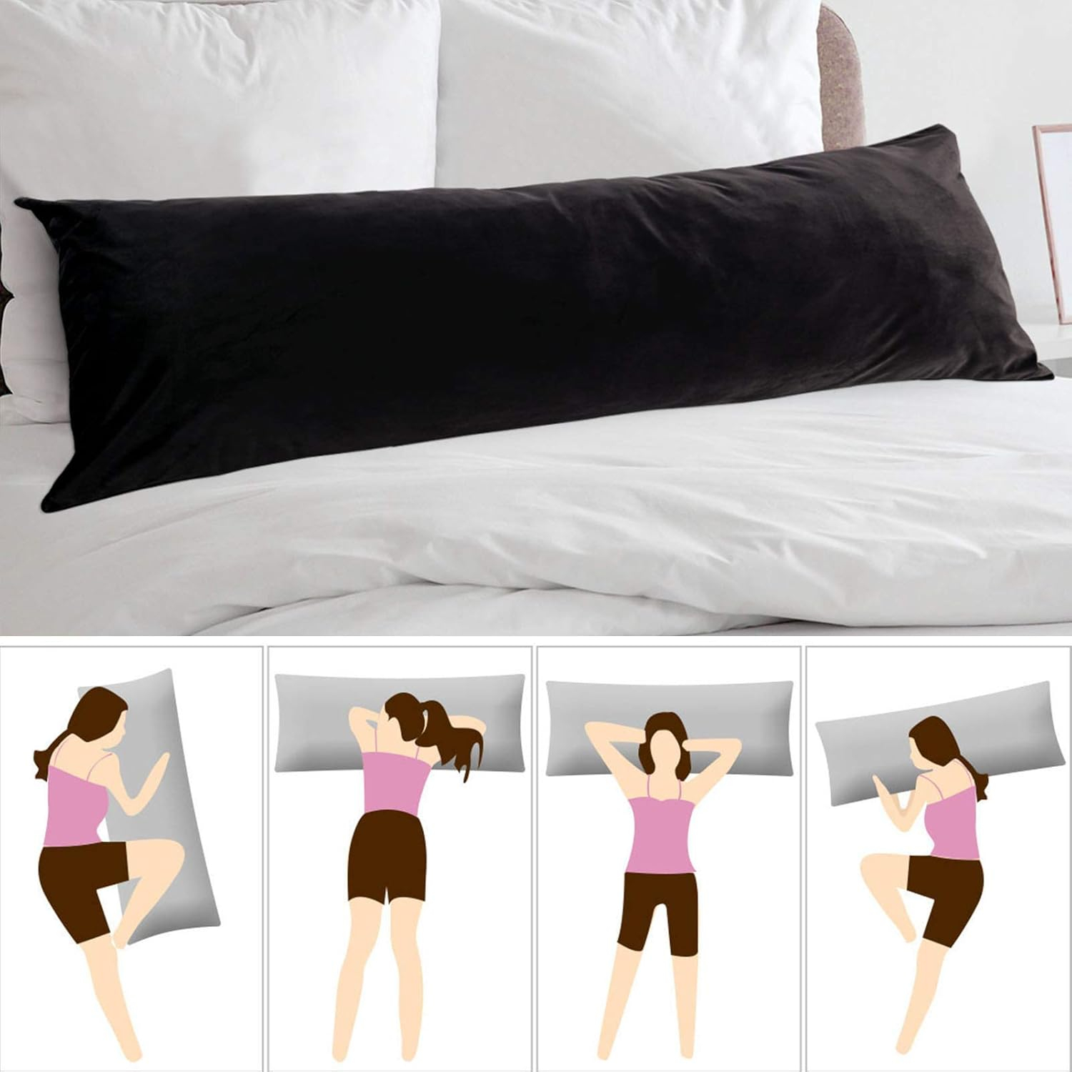 StangH Black Body Pillow Pillowcase, 20 x 54 inches Soft Velvet Pillow Cover with Zipper Closure, Warm Cozy Body Pillowcase for Adults Pregnant Women, 1 Piece