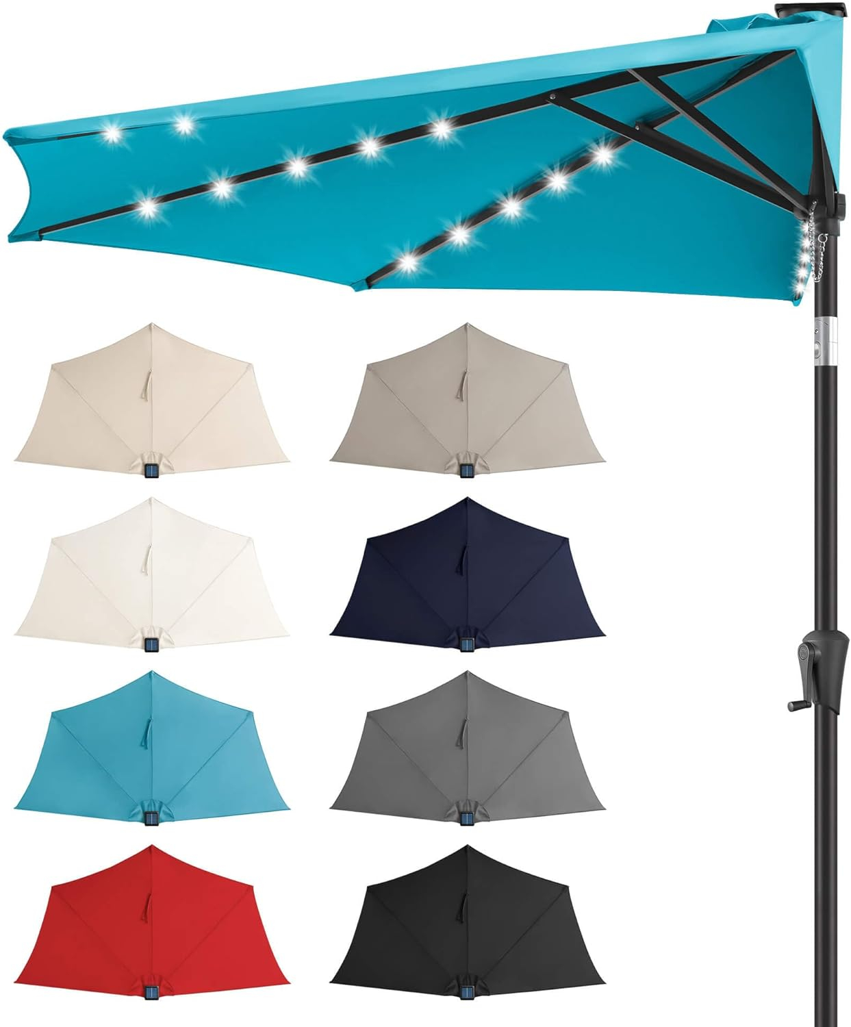 FLAME&SHADE 9 ft Half Round Solar Powered Outdoor Market Patio Table Umbrella for Wall Balcony with LED Lights and Tilt, Aqua Blue