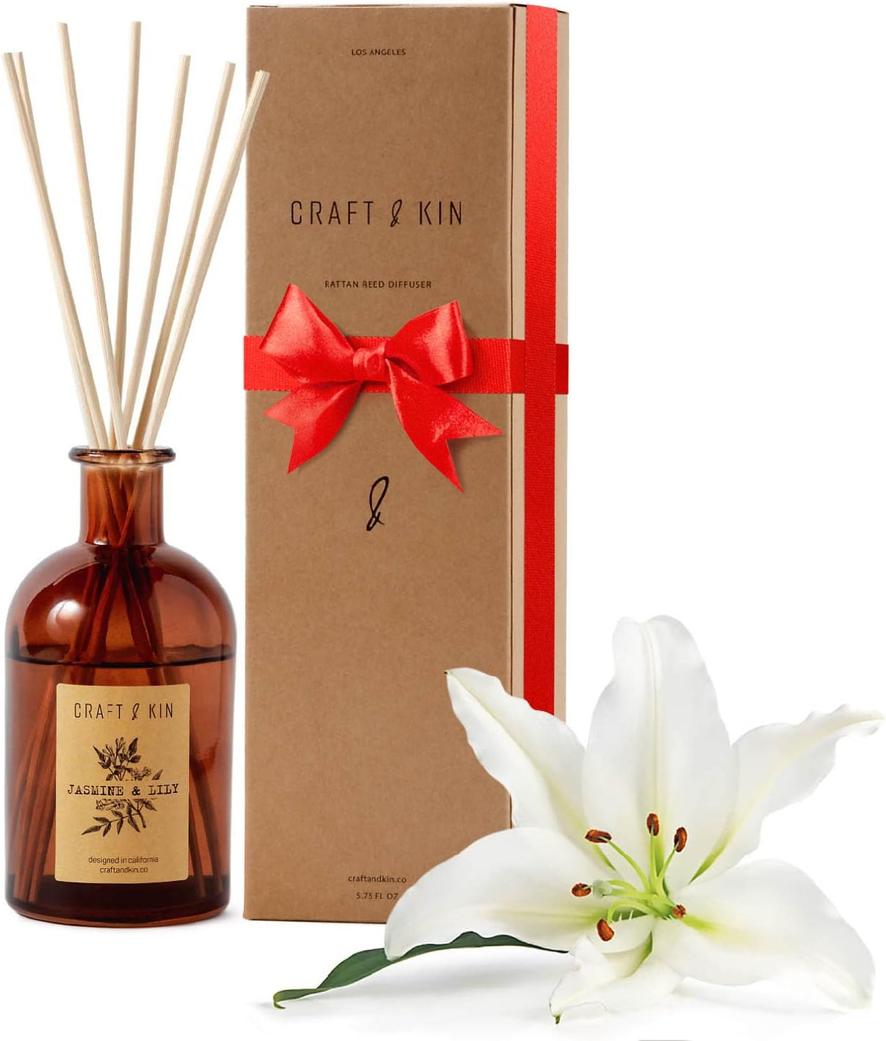 Craft & Kin Lily & Jasmine Diffuser Reed Diffuser | All Natural Essential Oil & 8 Rattan Scent Sticks | Reed Diffusers for Home, Bathroom | Long Lasting Home Fragrance in Amber Glass, 5.75oz