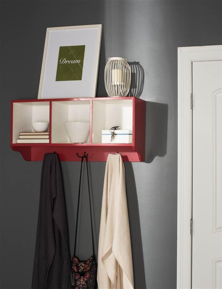 Alice Red and White Wooden Wall Shelf with Hooks