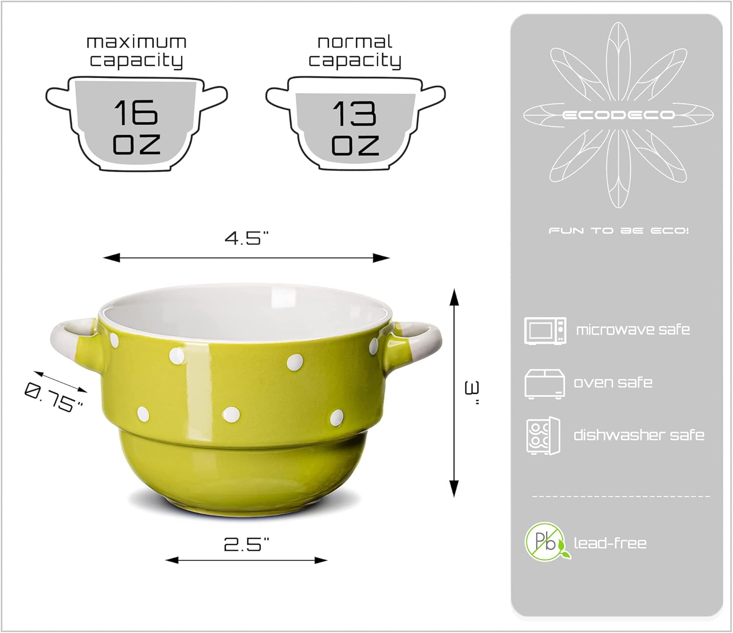 Ecodeco Soup Bowls with Handles Ceramic, Green, 16 oz, Set of 4