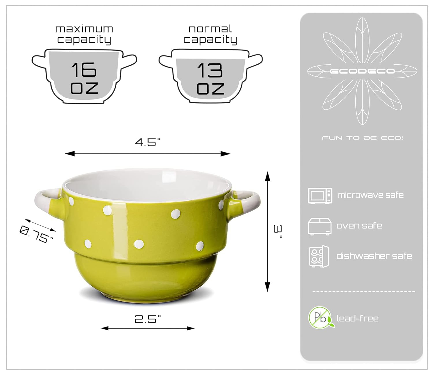 Ecodeco Soup Bowls with Handles Ceramic, Green, 16 oz, Set of 4