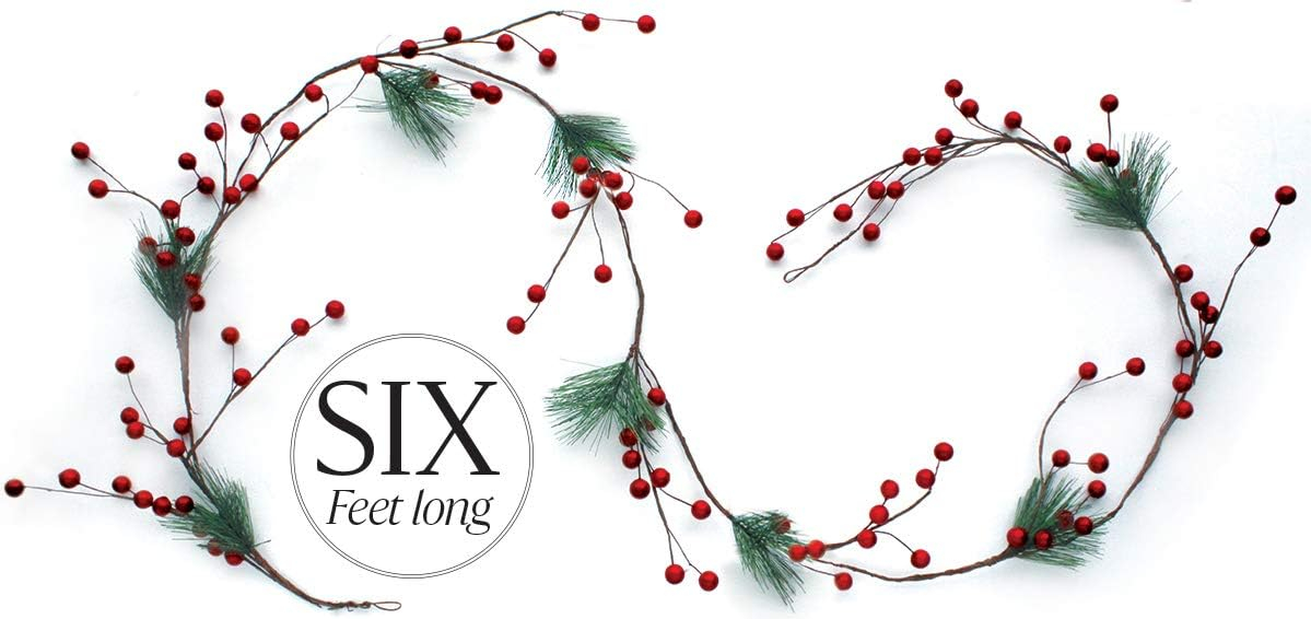 Christmas Garland Red Berry, Artificial Pine Needle Holiday Greenery (Evergreen) Unlit Fireplace Mantle Décor & Home Xmas Decoration Indoor/Outdoor Decorations 6 Feet Long (6ft) Clearance