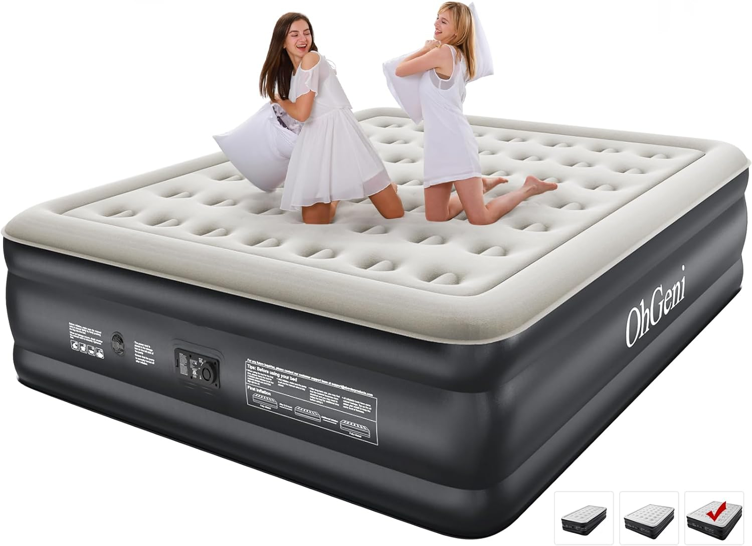 California King Black and Gray Raised PVC Air Mattress with Built-In Pump