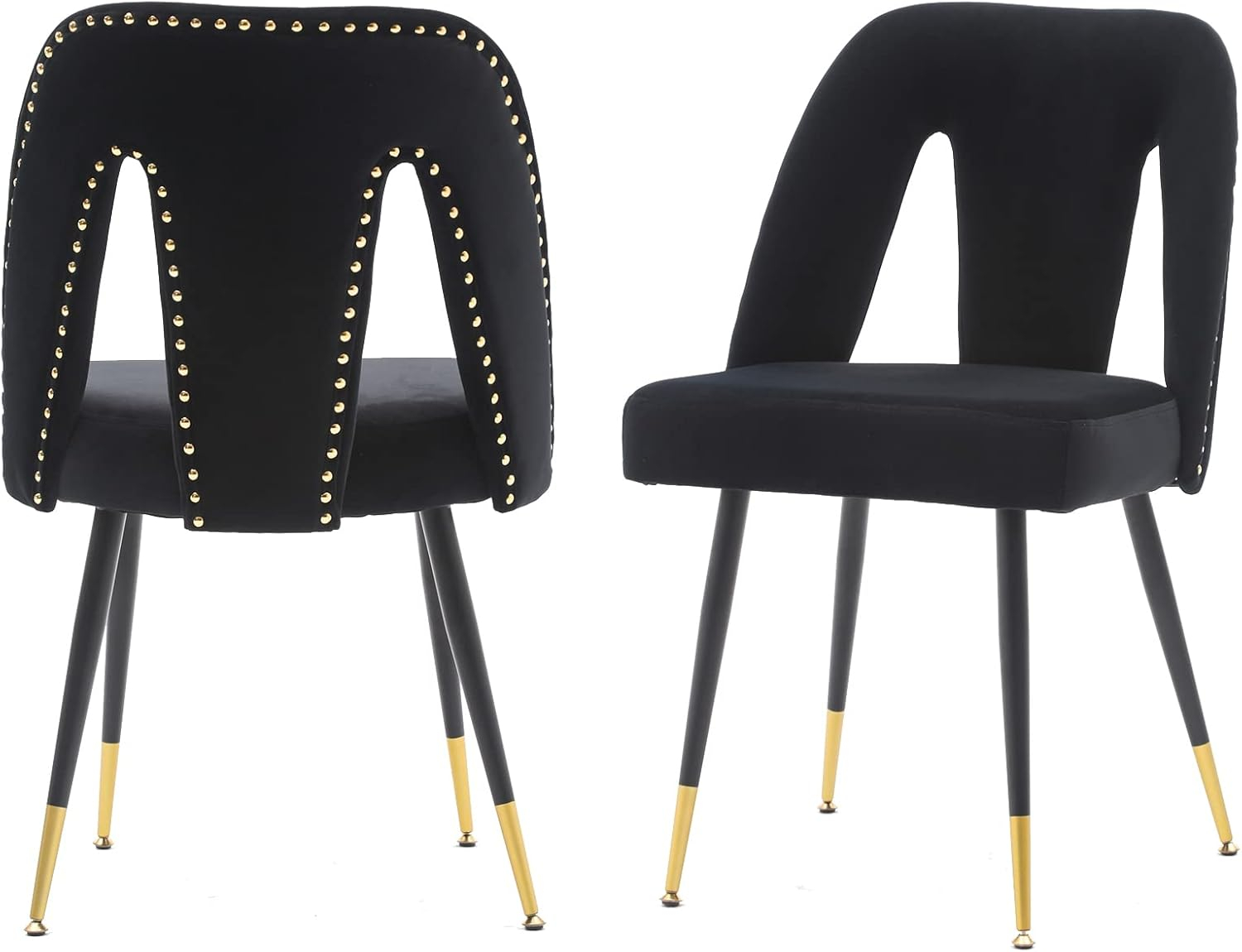 Aoowow Modern Dining Chairs Set of 2, Velvet Upholstered Side Chairs with Nailheads and Gold Tipped Black Metal Legs (Black)