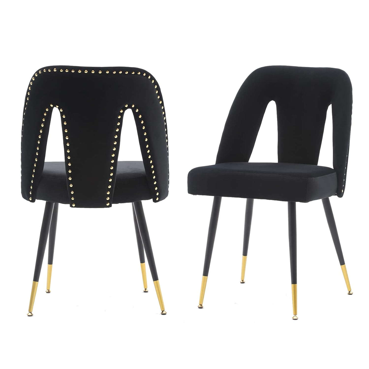 Aoowow Modern Dining Chairs Set of 2, Velvet Upholstered Side Chairs with Nailheads and Gold Tipped Black Metal Legs (Black)