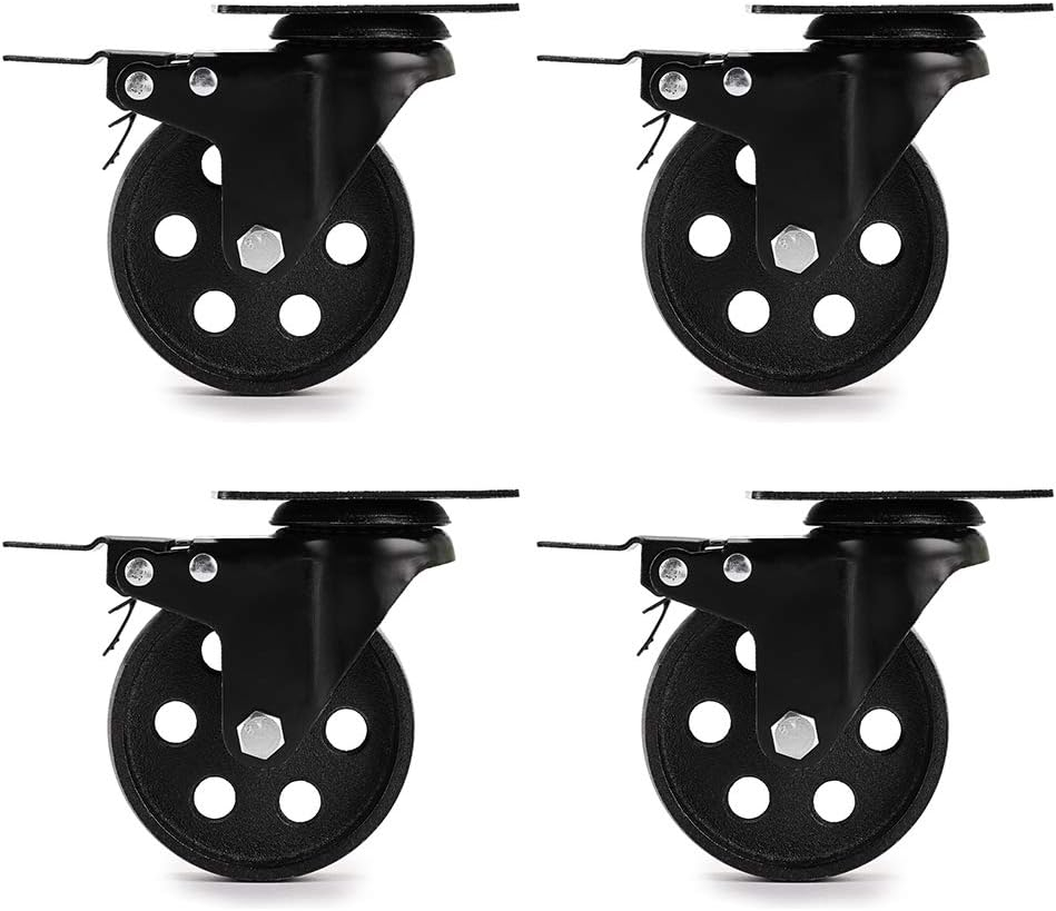 Skelang 3” Plate Caster Wheel, Cast Iron Swivel Plate Casters with Dual Locking for Vintage TV Stand, Coffee Table, Welding Cart, Total Load Capacity 1080Lbs, Pack of 4