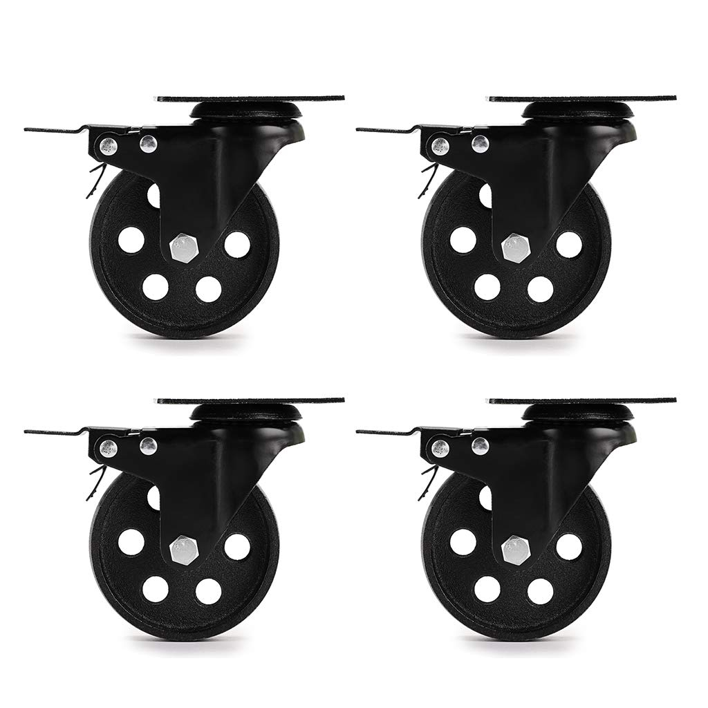 Skelang 3” Plate Caster Wheel, Cast Iron Swivel Plate Casters with Dual Locking for Vintage TV Stand, Coffee Table, Welding Cart, Total Load Capacity 1080Lbs, Pack of 4