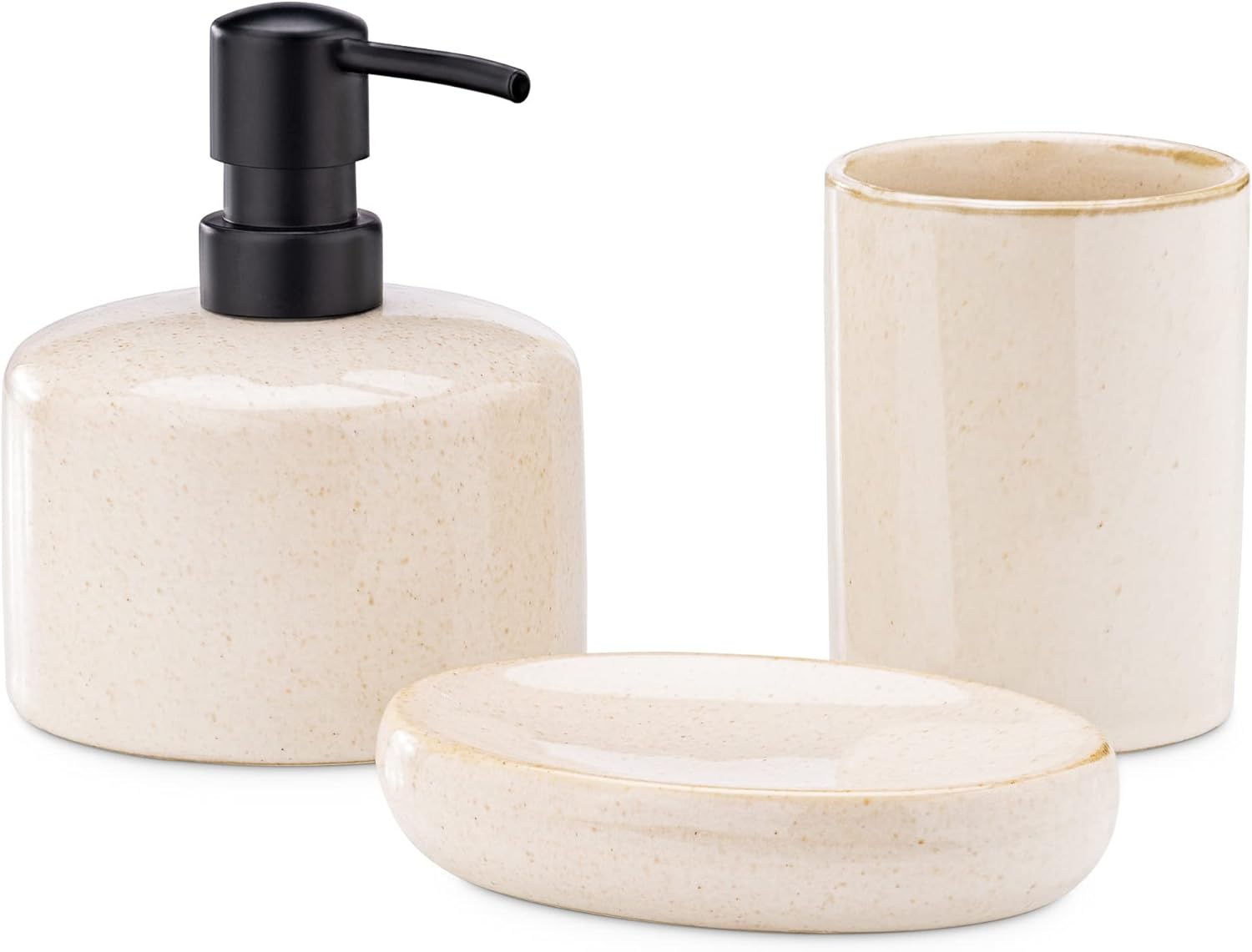 Navaris Ceramic Bathroom Accessories Set (3 Pieces) - Includes Soap Dispenser, Toothbrush Holder, Soap Dish - Modern Bath Accessory Holders - Sand