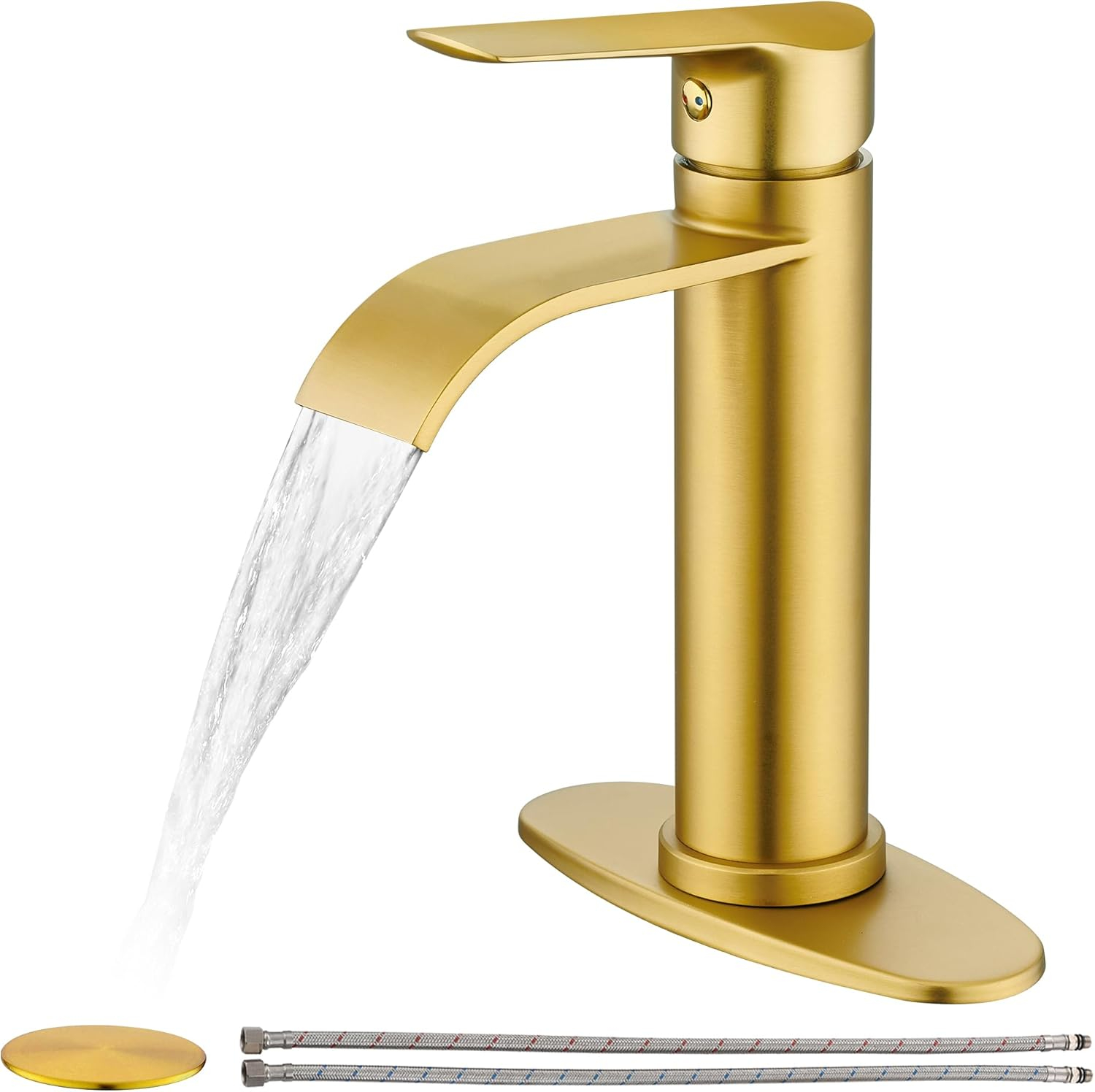 Gold Bathroom Faucets | Waterfall Single Hole Bathroom Sink Faucet with Deck Plate, 1 Hole Or 3 Hole for 4 Inch Brushed Gold Vanity Faucet with Pop-Up Drain Single Handle Lavatory Faucet