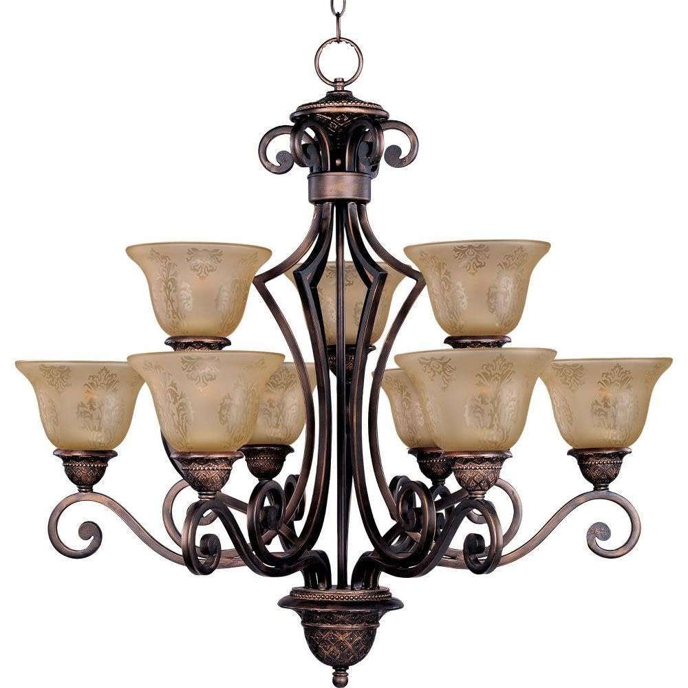 Oil Rubbed Bronze 9-Light Chandelier with Amber Glass Shades