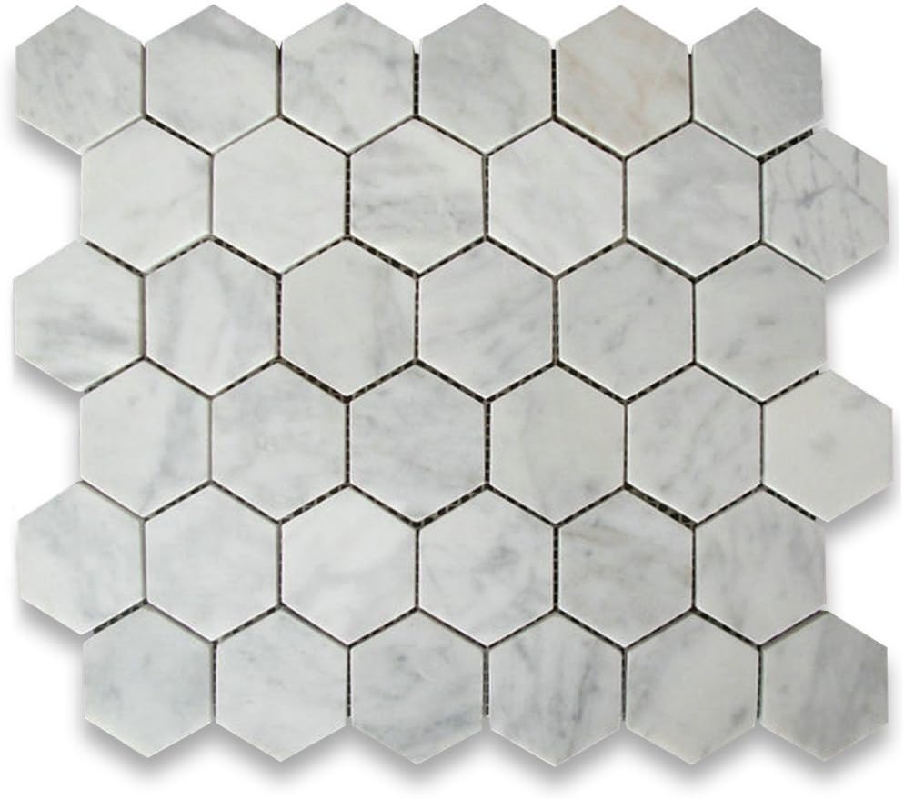 Stone Center Online Carrara White Marble 2 inch Hexagon Mosaic Tile Honed Kitchen Bath Wall Floor Backsplash Shower (1 Sheet)