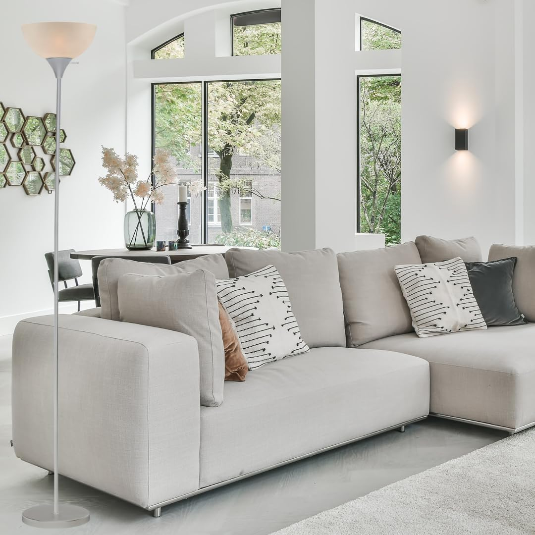 LIGHTACCENTS Stand Up Floor Lamp in Silver- Modern Corner Light with White Opal Bowl Shade - Susan Design, Ideal for Living Room or Office, 72" Tall, 150-watt - Chic Living Room Floor Lamp Silver