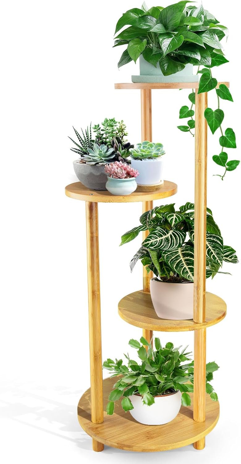 Bamboo Plant Stand Indoor, 4-Tier Planter Shelf for Multiple Plants, Tall Corner Holder for Living Room, Outdoor Display Rack for Balcony Patio, Flower Potted Stand for Office Decor