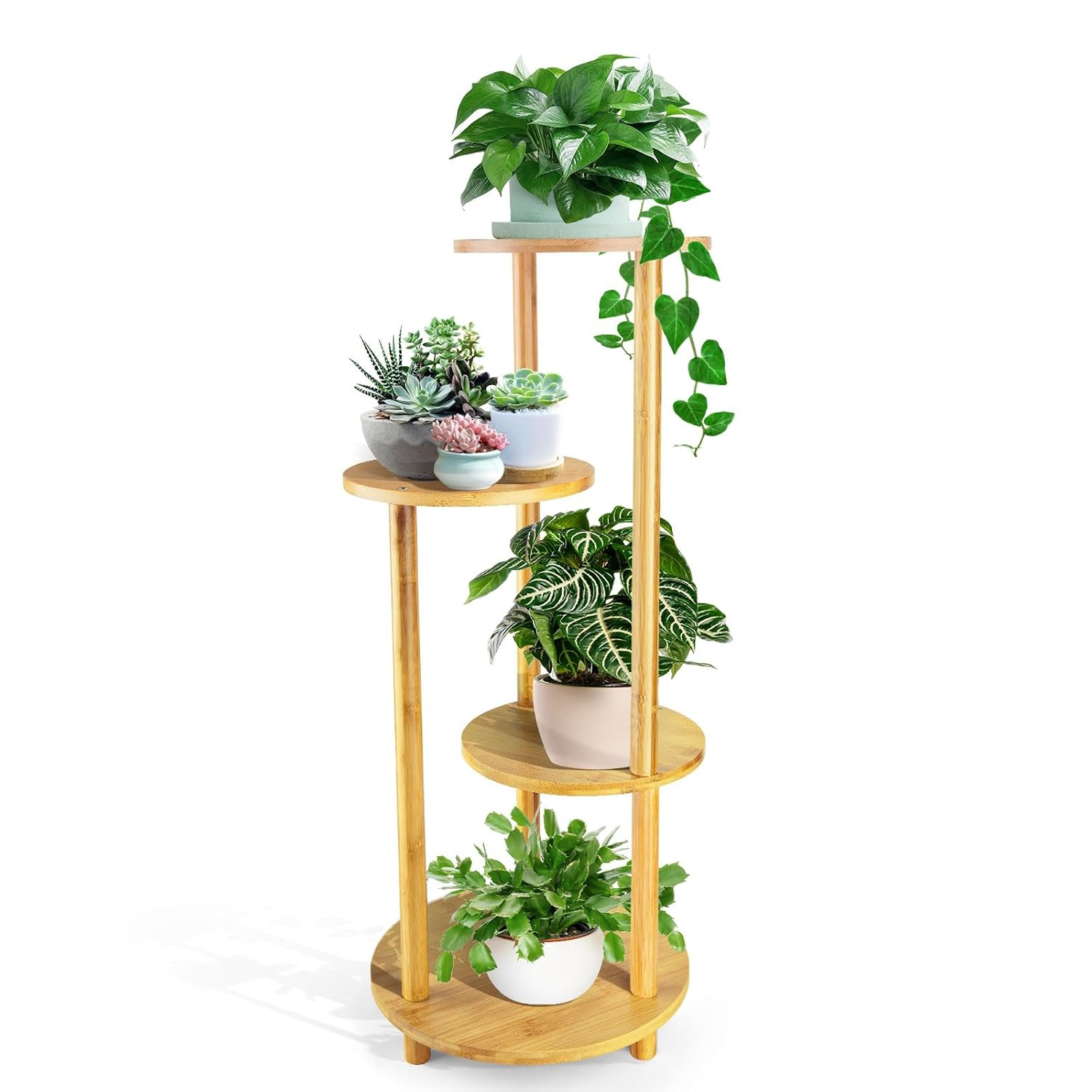 Bamboo Plant Stand Indoor, 4-Tier Planter Shelf for Multiple Plants, Tall Corner Holder for Living Room, Outdoor Display Rack for Balcony Patio, Flower Potted Stand for Office Decor