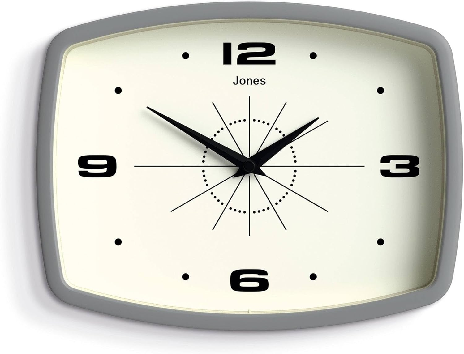 JONES CLOCKS® Movie Wall Clock | Rectangular Retro Clock | 10 inch | Grey | Cool mid-Century Designer Look for Kitchen, Living Room or Office