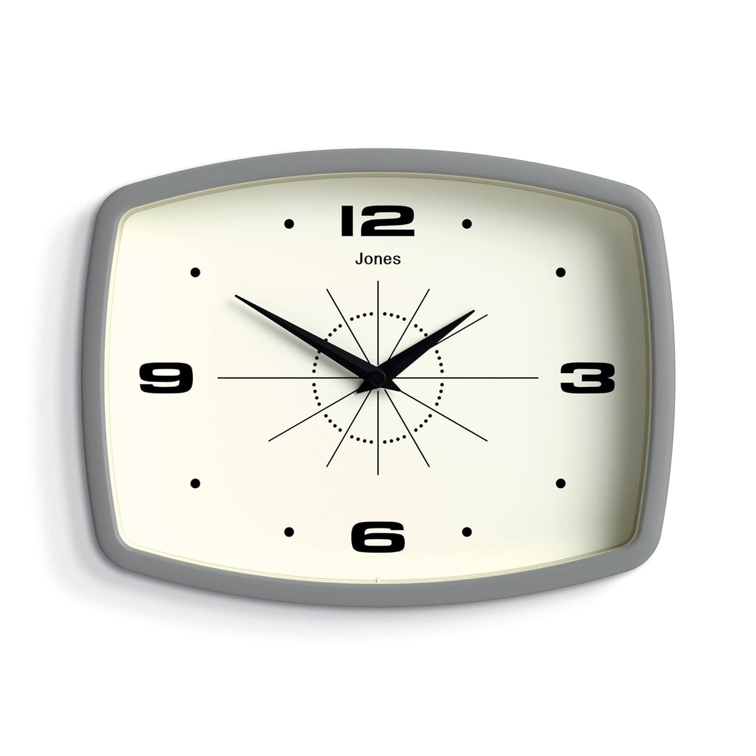 JONES CLOCKS® Movie Wall Clock | Rectangular Retro Clock | 10 inch | Grey | Cool mid-Century Designer Look for Kitchen, Living Room or Office