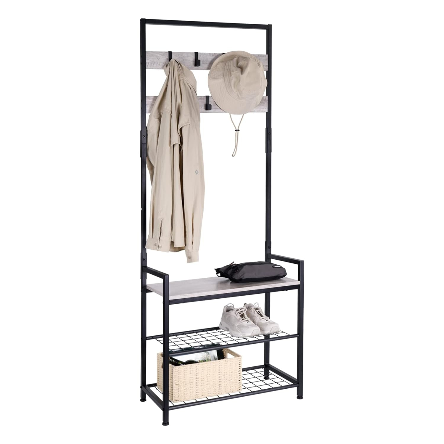 HOMEKOKO Coat Rack Shoe Bench, Hall Tree Entryway Storage Bench, Wood Look Accent Furniture with Metal Frame, 3-in-1 Design