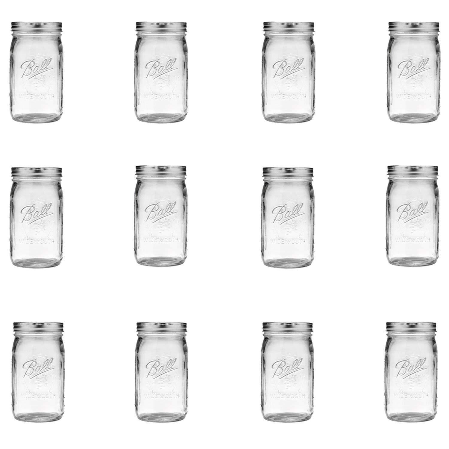 Ball Mason Glass Jar Wide Mouth with Lid and Band Quart 32 oz, 12-Pack