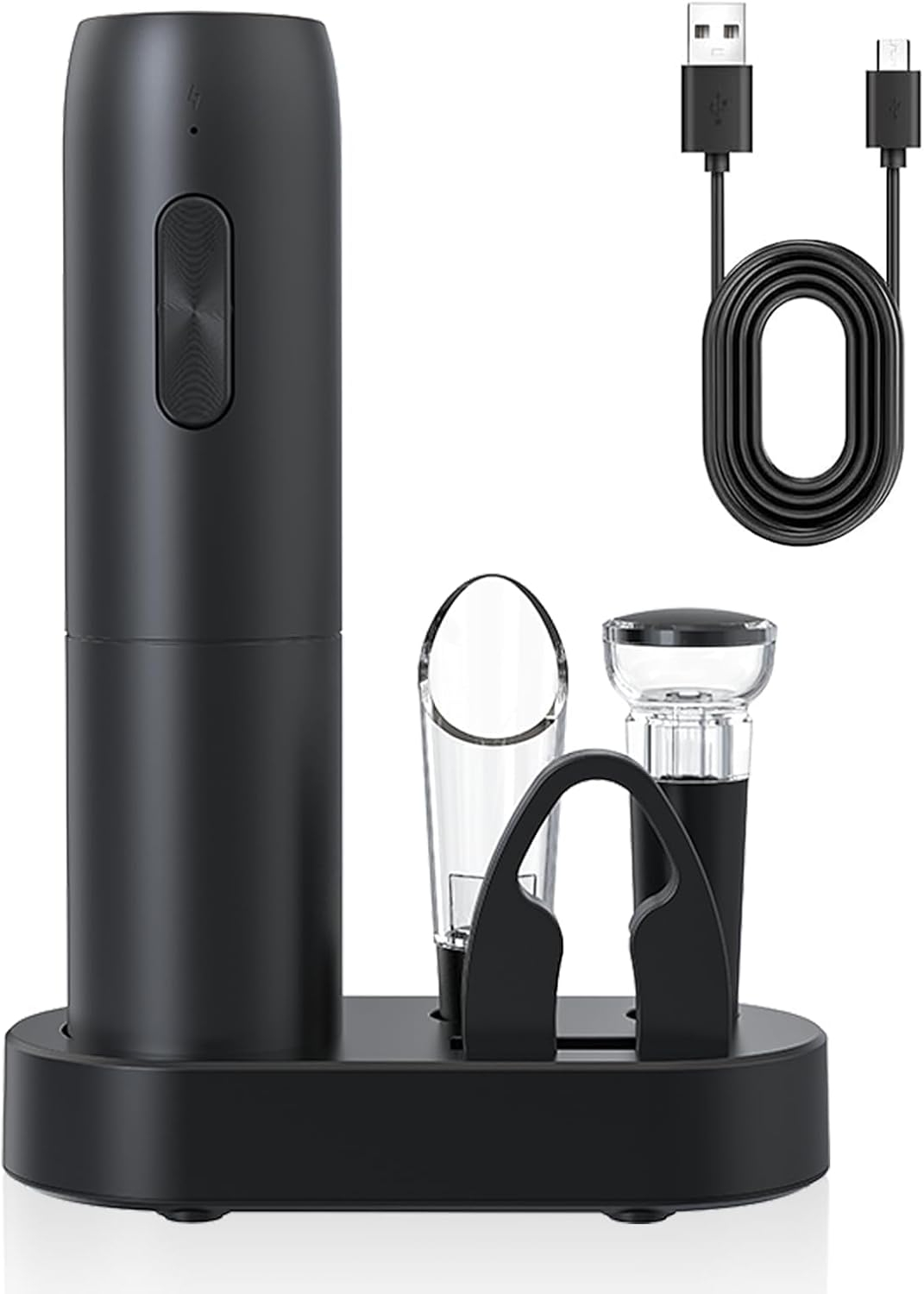 Rechargeable Electric Wine Opener, 5 in 1 set with Automatic Electric Wine Bottle Corkscrew Opener, Foil Cutter, Vacuum Stopper, Wine Pourer and Storage Charging Stand