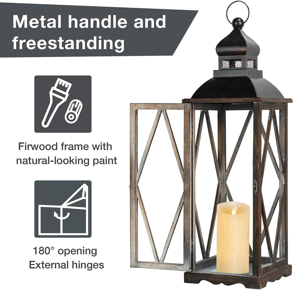 Glitzhome 2 Pack Farmhouse Wood/Metal Decorative Candle Lanterns Vintage Hanging Lantern for Patio - Tabletop, Black (No Glass)