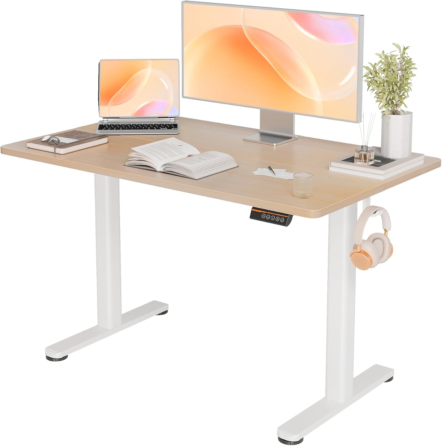 YDN Electric Standing Desk, 48x24 Inch Stand up Desk Adjustable Height, Sit Stand Home Office Desk with Splice Board, Natural Top