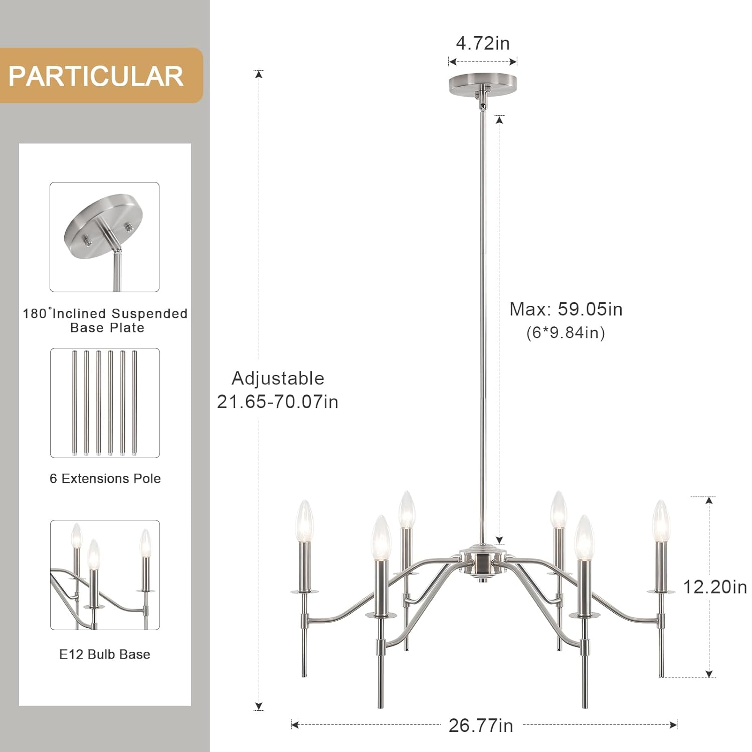 6-Light Farmhouse Chandelier for Dining Room Lighting Fixtures Hanging Brushed Nickel Chandelier for Kitchen Industrial Pendant Candle Lighting or Living Room Entryway Bedroom Foyer