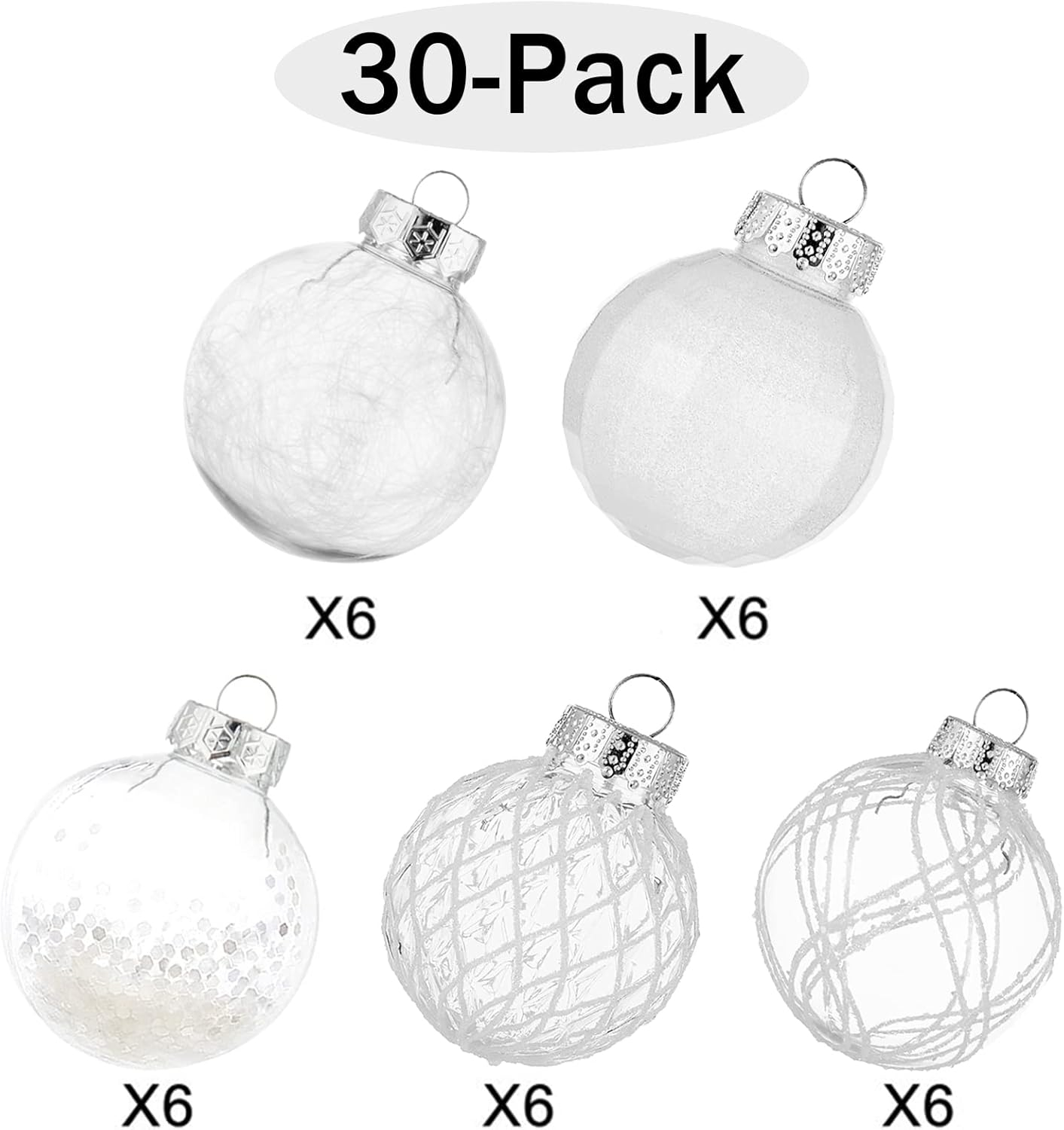 30Pcs Christmas Ball Ornaments- NOGIS 60mm/2.36" Shatterproof Clear Plastic Xmas Balls Baubles Set with Stuffed Delicate Sparkling, Hanging Christmas Tree Decorations (White)
