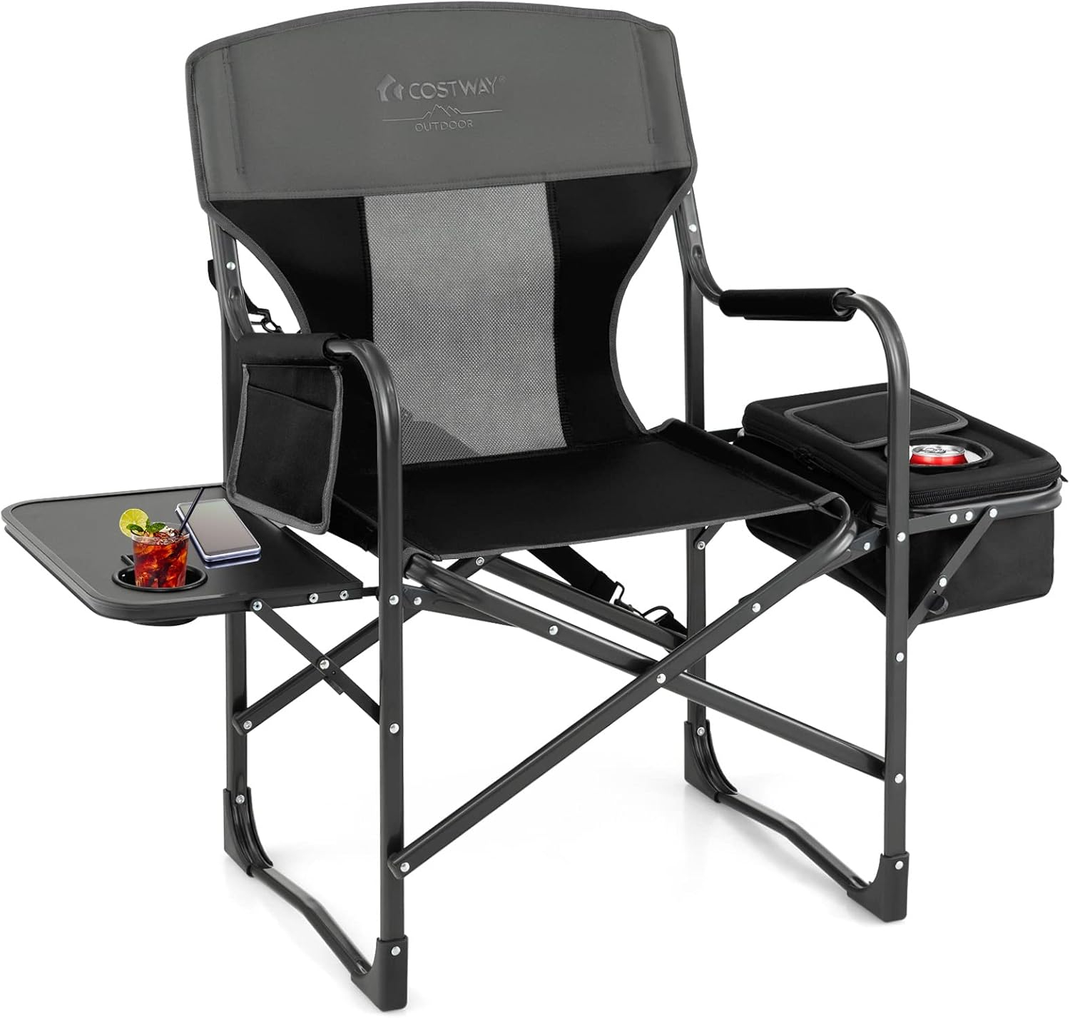 Topcobe Folding Camping Directors Chair with Cooler Bag and Side Table, Portable Chairs for Adults, Comfy Outdoor Chair, Black