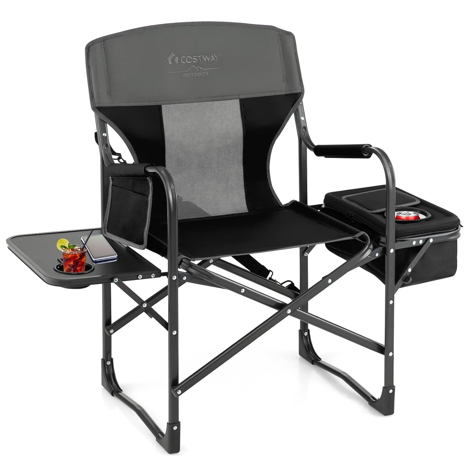 Topcobe Folding Camping Directors Chair with Cooler Bag and Side Table, Portable Chairs for Adults, Comfy Outdoor Chair, Black