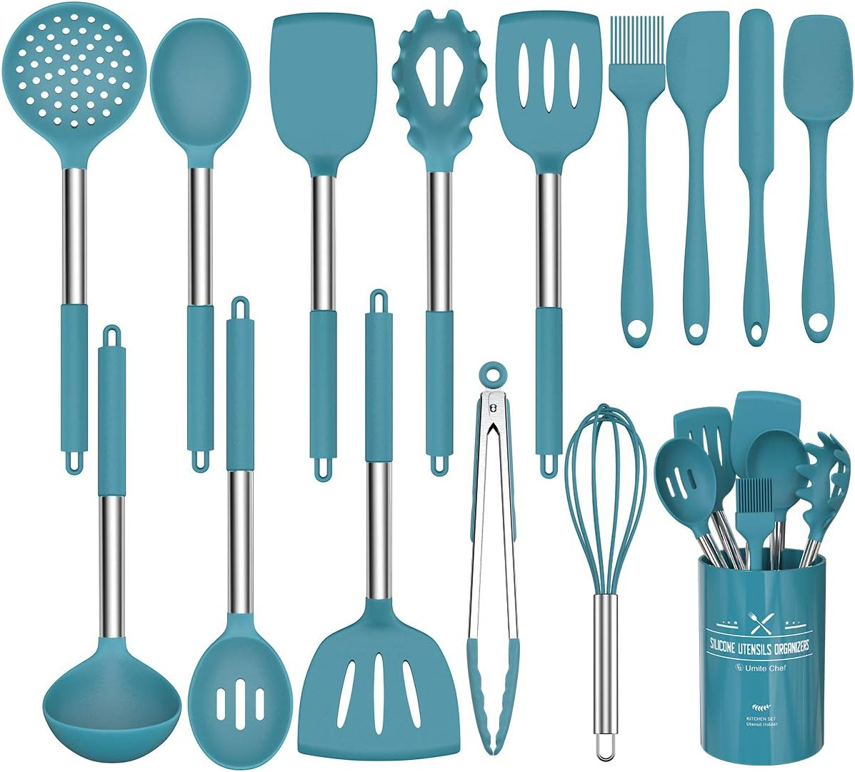15 PCS Silicone Kitchen Cooking Utensils Set, Heat-Resistant Utensil Set with Premium Stainless Handles for Cooking and Baking, Non-Stick Spatula Kitchen Gadgets Cookware Set(Blue)