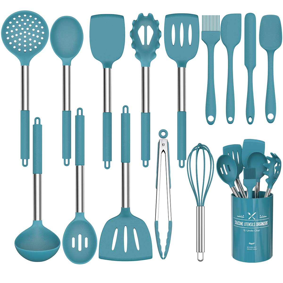 15 PCS Silicone Kitchen Cooking Utensils Set, Heat-Resistant Utensil Set with Premium Stainless Handles for Cooking and Baking, Non-Stick Spatula Kitchen Gadgets Cookware Set(Blue)