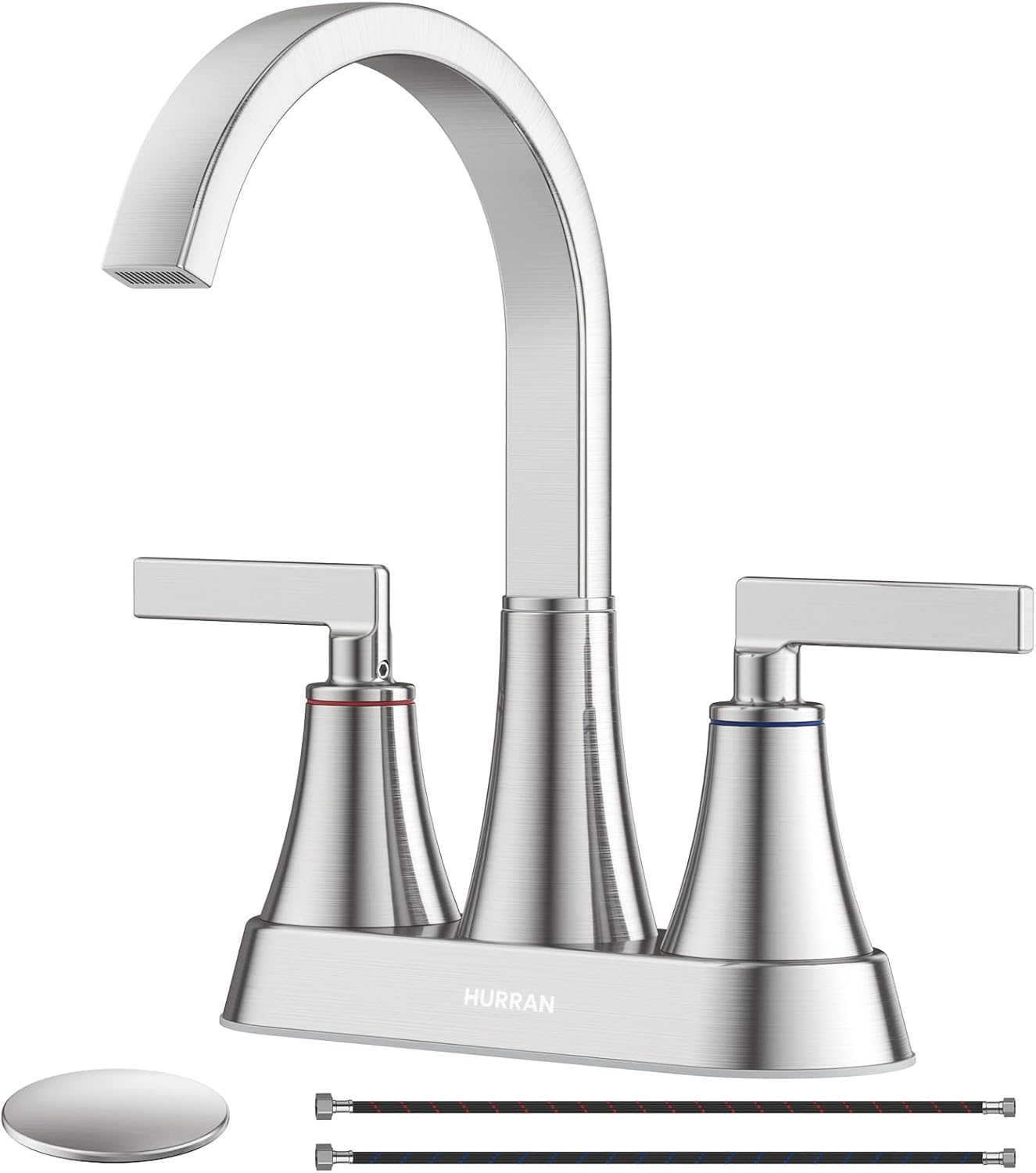 Bathroom Sink Faucet, Hurran 4 inch Brushed Gold Bathroom Faucets for Sink 3 Hole with Pop-up Drain and Supply Hoses, 360 Swivel Spout 2-Handle Centerset Faucet for Vanity RV Farmhouse