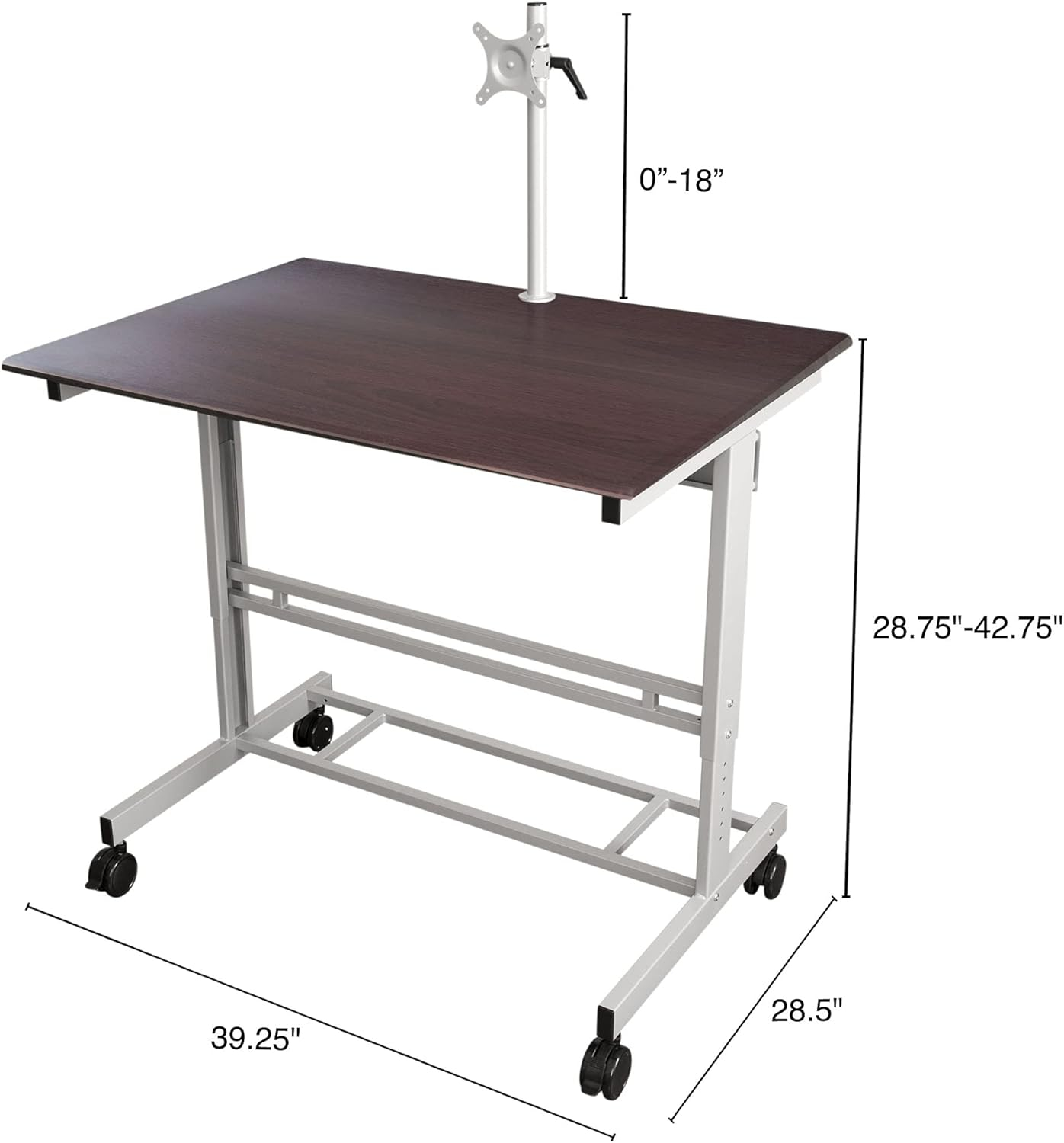 Stand Up Desk Store Rolling Adjustable Height Mobile Standing Desk with Monitor Mount (Silver Frame/Dark Walnut Top, 40" Wide)