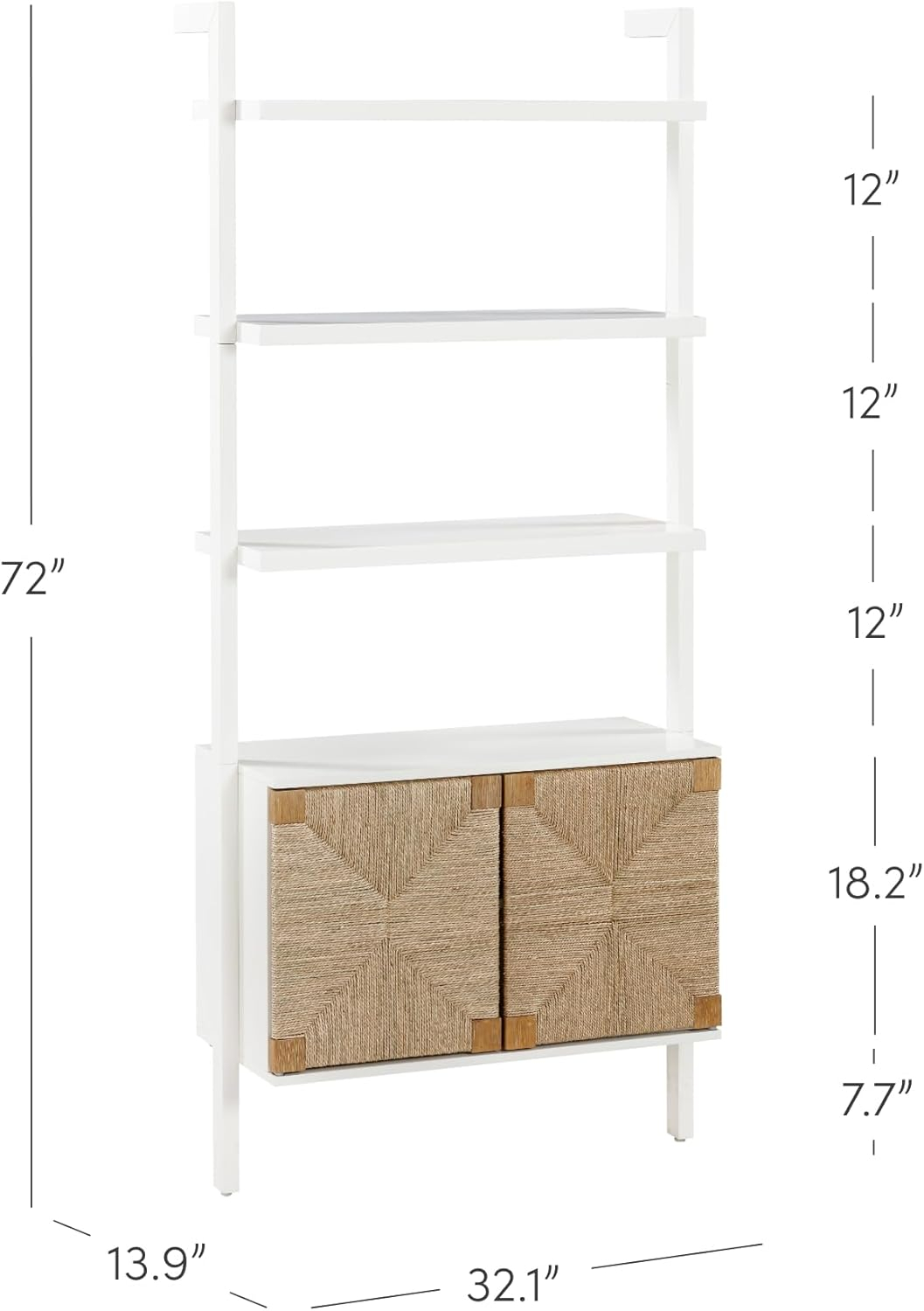 Warm White Solid Wood Bookcase with Adjustable Seagrass Cabinets