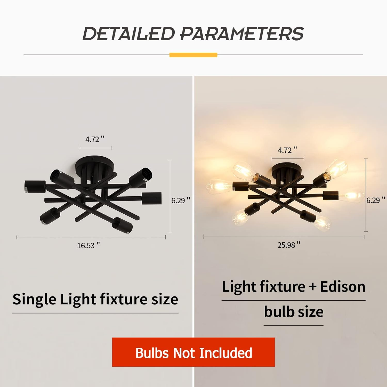 Semi Flush Mount Modern Ceiling Light Fixture， 6 Lights Black Vintage Matte Sputnik Chandelier Ceiling Lamp with E26 Bulb Base [Bulbs Not Included]