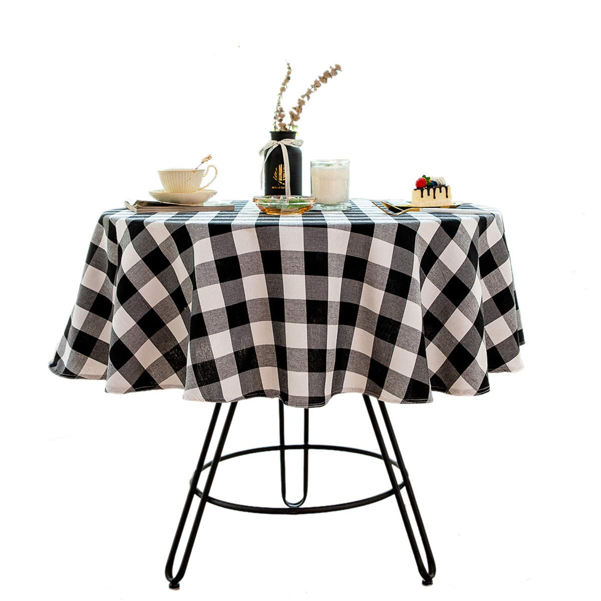 Buffalo Plaid Round Tablecloth Checkered Cotton Linen Table Cover for Kitchen Dining Room Home Decor ( Round - 48 Inch, White & Black )