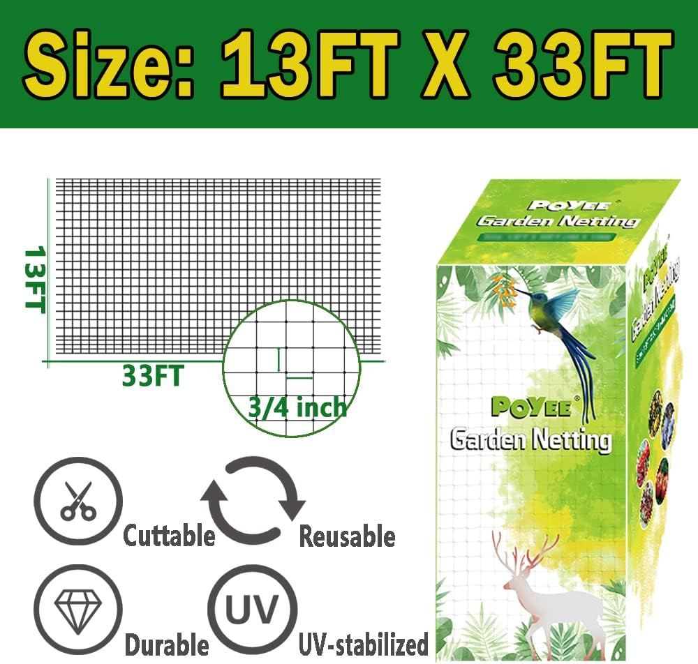 Bird Netting, 13x33FT Garden Netting for Fruit Trees Plants Strawberry Blueberry Bush Protection Anti Birds, Deers, Squirrels and Other Animals
