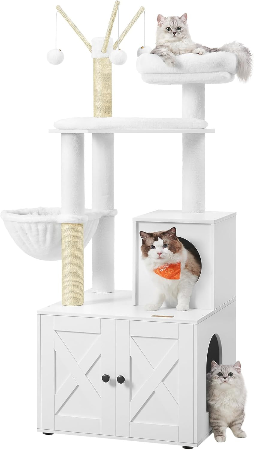 Feandrea Cat Tree with Litter Box Enclosure, 2-in-1 Modern Cat Tower, 55.1-Inch Cat Condo with Scratching Posts, Removable Pompom Sticks, Greige UPCT113G01