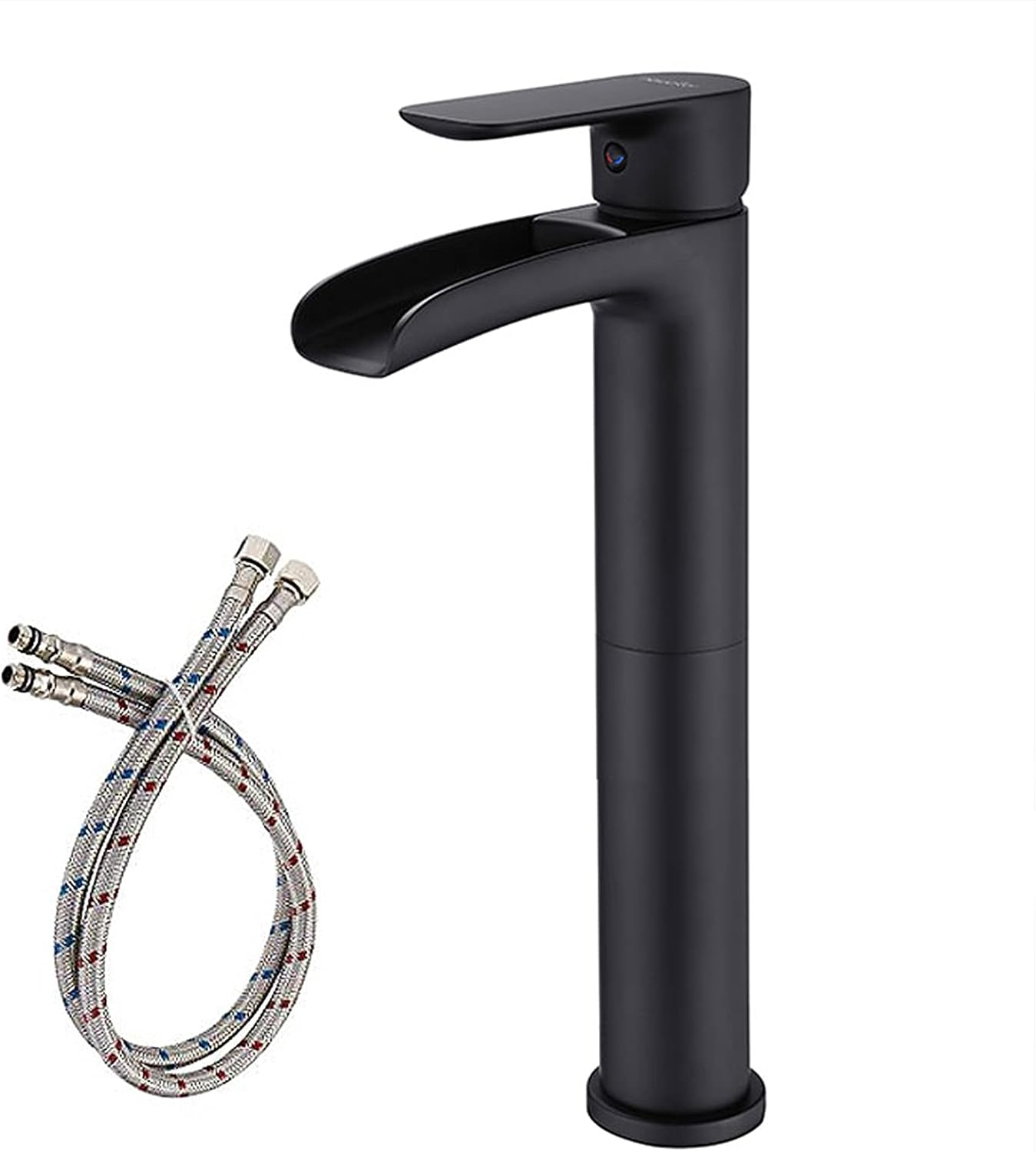 NEWATER Matte Black Tall Bathroom Vessel Sink Faucet, Single Hole Single Handle Waterfall Modern Bathroom Faucet, Vanity Faucet with Water Supply Line