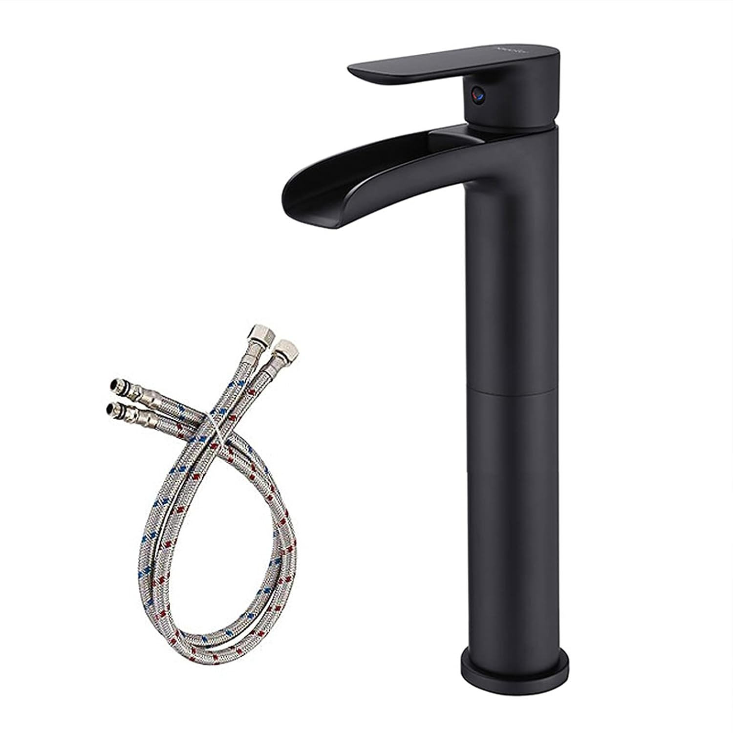 NEWATER Matte Black Tall Bathroom Vessel Sink Faucet, Single Hole Single Handle Waterfall Modern Bathroom Faucet, Vanity Faucet with Water Supply Line