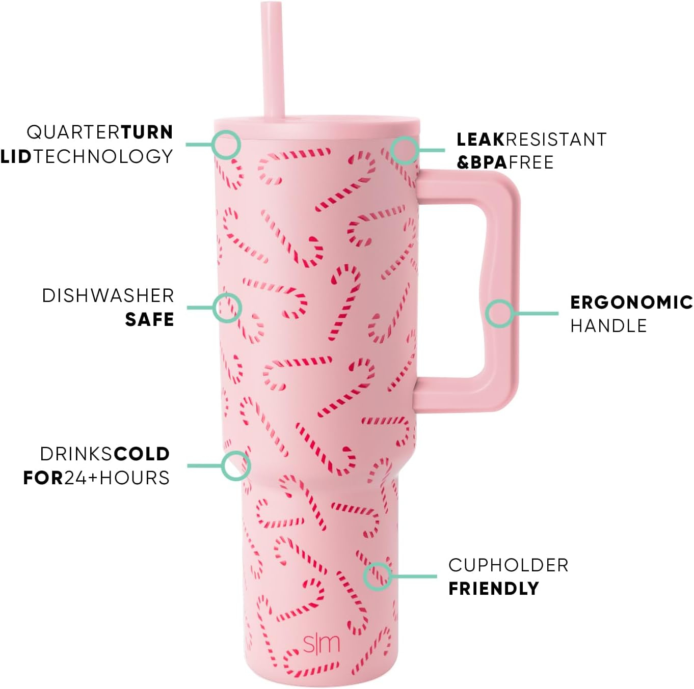 Simple Modern 40 oz Trek Tumbler with Handle and Straw Lid | Cup Holder Friendly Insulated Stainless Steel Travel Mug | Pink Candy Cane Toss