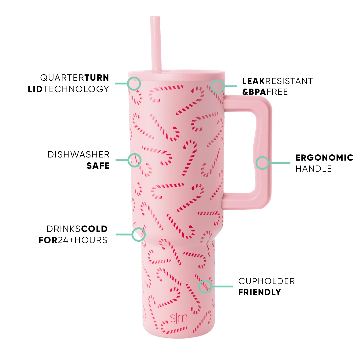 Simple Modern 40 oz Trek Tumbler with Handle and Straw Lid | Cup Holder Friendly Insulated Stainless Steel Travel Mug | Pink Candy Cane Toss
