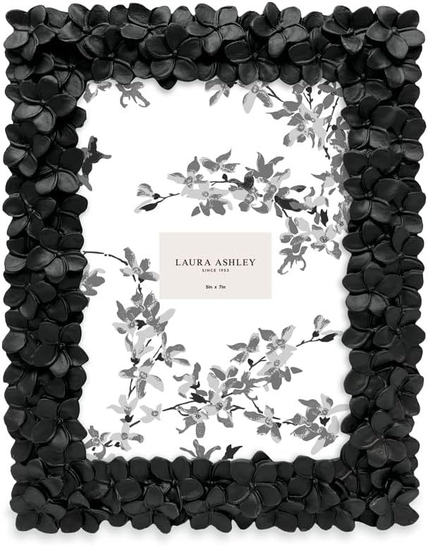 Laura Ashley 5x7 Black Flower Textured Hand-Crafted Resin Picture Frame w/Easel & Hook for Tabletop & Wall Display, Decorative Floral Design Home Décor, Photo Gallery, Art (5x7, Black)